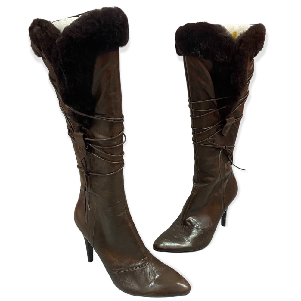 Nine West - Leather-Dark Brown-Lace Up Faux Fur Knee High Heel Boots - Size 7.5